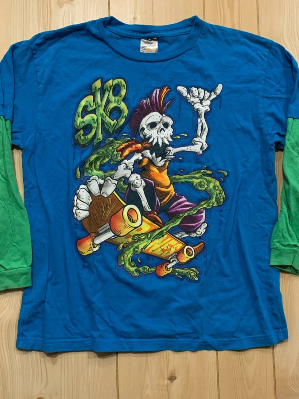 Vintage Y2K Rudeboyz Skater Sk8 Skeleton Skateboard Layered T-Shirt Youth L